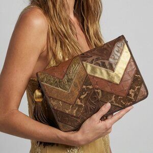 Vintage Leather Art Bag Gold Copper Patchwork 80s Clutch Artisan Italian Purse